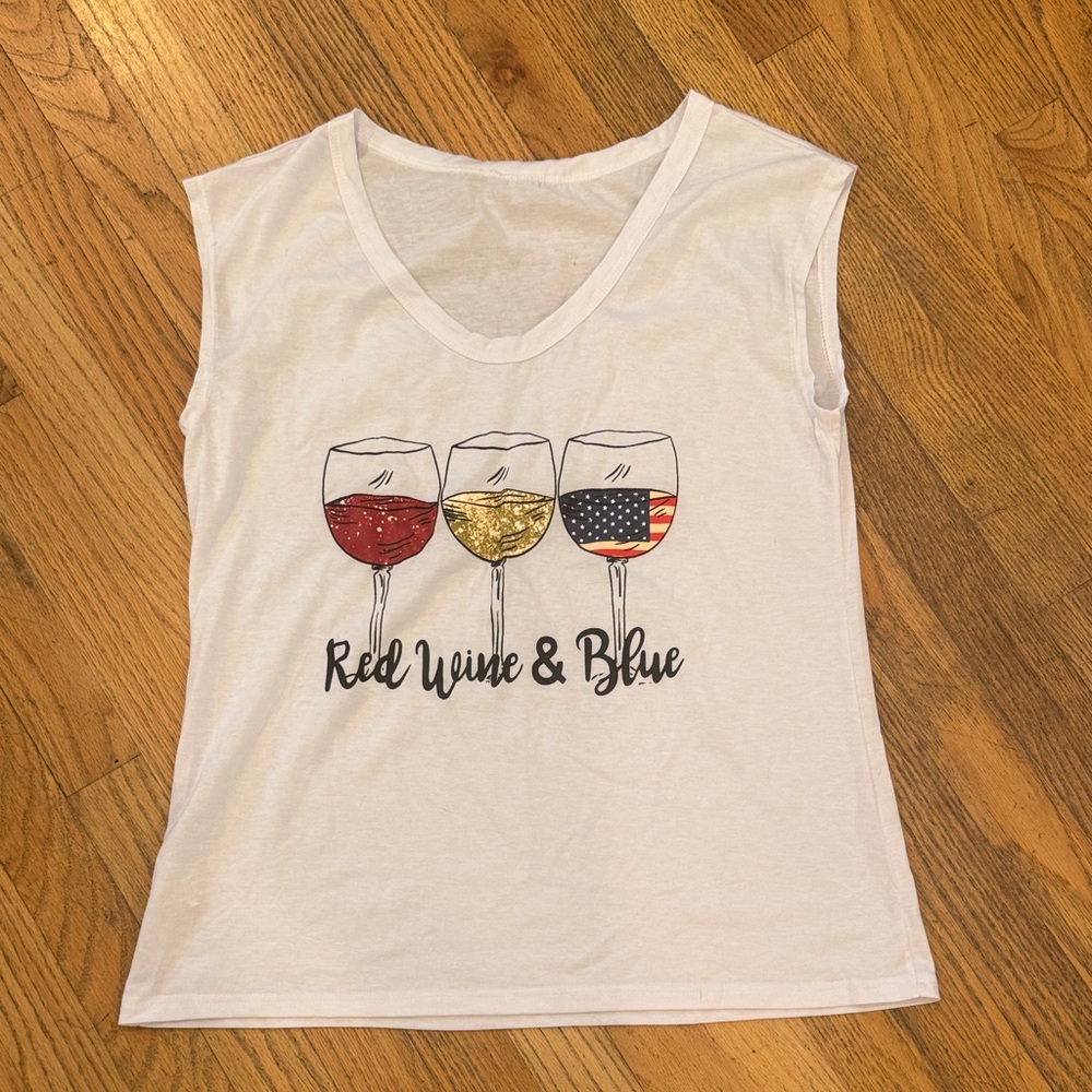 White Sleeveless Top with Wine Glass Print